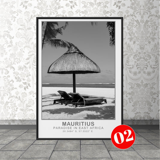 Mauritius Travel Print, Mauritius Travel Poster, Africa Travel Art, Caribbean Travel Art Poster, Black & White, Black -02