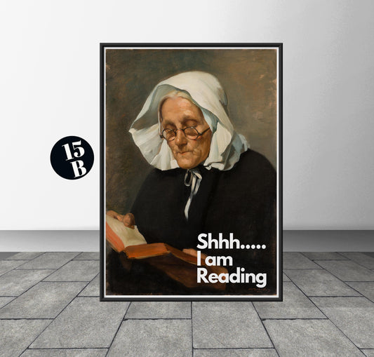 Shhh I'm Reading Altered Art Portrait, Gallery Wall Print, Book Lover Print, Bookworm, Digital Prints, Eclectic Wall Art, Vintage Painting -15B - DOWNLOAD