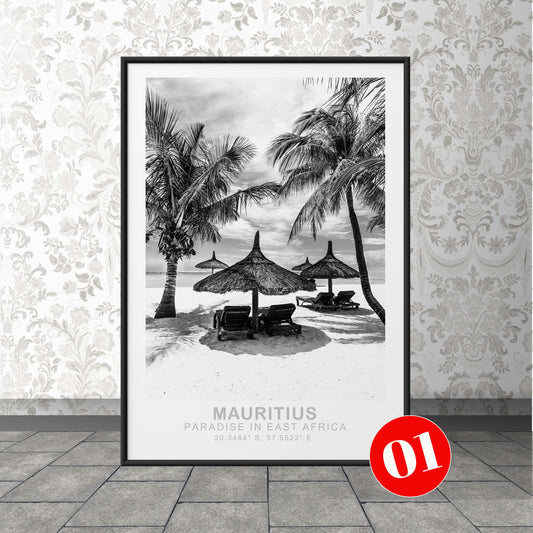 Mauritius Travel Print, Mauritius Travel Poster, Africa Travel Art, Caribbean Travel Art Poster, Black & White, Black